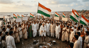 Mahatma Gandhi leading Indians during the Civil Disobedience Movement and breaking the Salt Law.