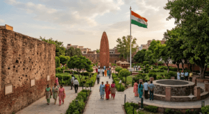 Jallianwala Bagh memorial with bullet-marked walls and Martyrs' Well in Amritsar.
