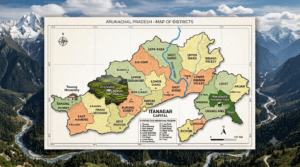 District map of Arunachal Pradesh showing all 28 districts and their headquarters.