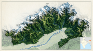 Geography infographic of Arunachal Pradesh featuring the Eastern Himalayas, Kangto Peak, major rivers, forests, and valleys.