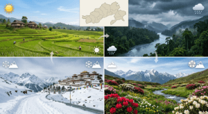 Climate infographic of Arunachal Pradesh showing summer, monsoon, winter, and seasonal weather conditions.