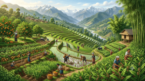 Agriculture infographic of Arunachal Pradesh showing rice fields, orange orchards, kiwi plantations, ginger, turmeric, bamboo, and tribal farming.