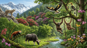 Flora and fauna infographic of Arunachal Pradesh featuring Red Panda, Mithun, Great Hornbill, orchids, and Himalayan forests.