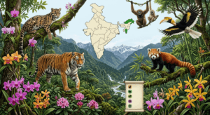 Infographic showing the national parks and wildlife sanctuaries of Arunachal Pradesh with rare wildlife and forests.