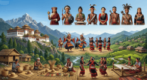 Culture infographic of Arunachal Pradesh featuring tribal communities, traditional attire, folk dances, bamboo crafts, and Buddhist heritage.
