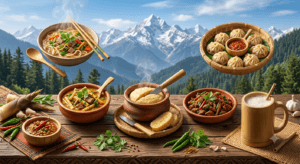 Food infographic of Arunachal Pradesh featuring Thukpa, Momos, Bamboo Shoot Curry, Zan, Pika Pila, Lukter, and Apong.