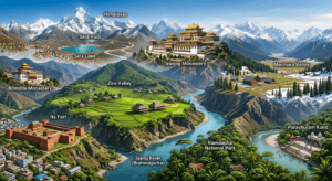 Tourist attractions infographic of Arunachal Pradesh featuring Tawang, Ziro Valley, Namdapha National Park, Mechuka, and Sela Pass.