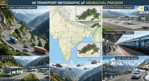 Transport infographic of Arunachal Pradesh showing NH-13, Donyi Polo Airport, Naharlagun Railway Station, buses, and helicopter services.