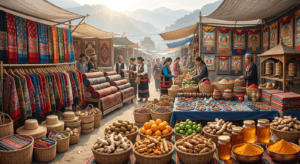 Shopping infographic of Arunachal Pradesh featuring tribal handloom, bamboo handicrafts, Thangka paintings, jewelry, and organic products.