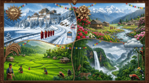 Seasonal travel infographic of Arunachal Pradesh showing winter, spring, summer, and monsoon attractions.