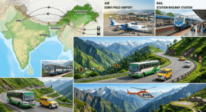 Travel guide infographic showing how to reach Arunachal Pradesh by air, train, and road.