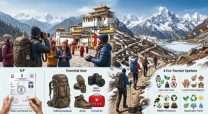 Travel tips infographic for Arunachal Pradesh showing permits, warm clothing, trekking gear, and eco-friendly travel.