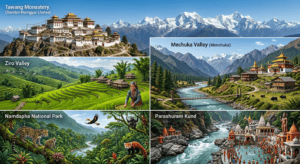 Heritage infographic of Arunachal Pradesh featuring Ziro Valley, Tawang Monastery, Namdapha National Park, and Mechuka Valley.