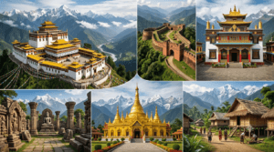 Architecture infographic of Arunachal Pradesh featuring Tawang Monastery, Ita Fort, Bhismaknagar Fort, Golden Pagoda, and traditional tribal houses.