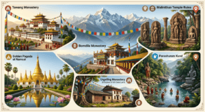 Religious places infographic of Arunachal Pradesh featuring Tawang Monastery, Golden Pagoda, Parashuram Kund, and Malinithan Temple.
