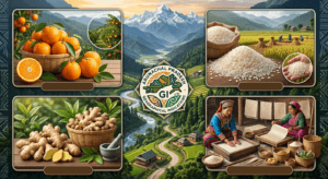 GI tagged products infographic of Arunachal Pradesh featuring Arunachal Orange, Khamti Rice, Adi Kekir Ginger, and Monpa Handmade Paper.