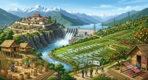 Economy infographic of Arunachal Pradesh featuring agriculture, horticulture, hydropower, tourism, and handicrafts.