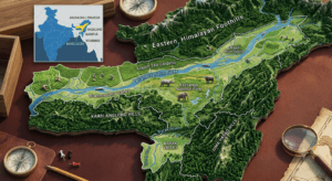 Geography infographic of Assam featuring the Brahmaputra River, Barak Valley, tea gardens, hills, and Kaziranga National Park.