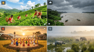 Climate infographic of Assam showing summer, monsoon, autumn, winter, tea gardens, and the Brahmaputra River.