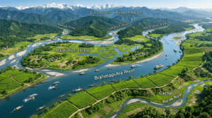 Major rivers infographic of Assam featuring the Brahmaputra, Barak, Subansiri, Manas, and Majuli Island.
