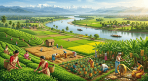 Agriculture infographic of Assam featuring tea gardens, rice fields, mustard, pineapple, banana, and Muga silk.