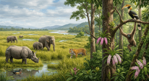 Wildlife infographic of Assam featuring the one-horned rhinoceros, Asian elephant, White-winged Wood Duck, and Foxtail Orchid.