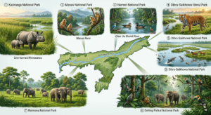 Wildlife infographic of Assam featuring Kaziranga, Manas, Orang, Nameri, Dibru-Saikhowa, and Dehing Patkai National Parks.