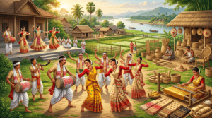 Culture infographic of Assam featuring Bihu dance, Sattriya, Mekhela Chador, Muga Silk, and Majuli Satras.