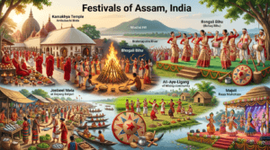 Festivals infographic of Assam featuring Bihu, Ambubachi Mela, Baishagu, Ali-Aye-Ligang, and Jonbeel Mela.