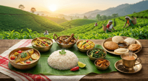 Food infographic of Assam featuring Khar, Masor Tenga, Duck Meat Curry, Pitha, and Assam Tea.