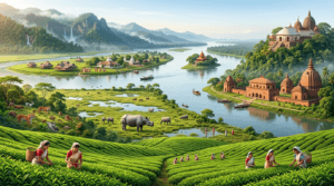 Tourist attractions infographic of Assam featuring Kaziranga National Park, Kamakhya Temple, Majuli, Manas National Park, and tea gardens.