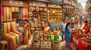 Shopping infographic of Assam featuring Assam Tea, Muga Silk, bamboo handicrafts, bell metal crafts, and Majuli masks.