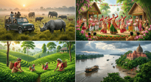 Best time to visit Assam infographic featuring Kaziranga National Park, tea gardens, Bihu festival, and the Brahmaputra River.