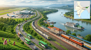 Travel connectivity infographic of Assam featuring airports, railways, highways, and Brahmaputra ferry services.