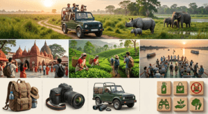 Travel tips infographic of Assam featuring Kaziranga safari, Kamakhya Temple, tea gardens, and eco-friendly travel.