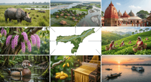 Interesting facts infographic of Assam featuring Kaziranga, Majuli, Kamakhya Temple, Assam Tea, and the Brahmaputra River.