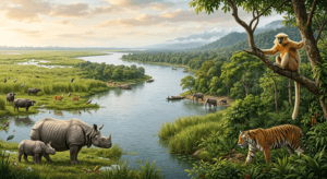 UNESCO World Heritage Sites infographic of Assam featuring Kaziranga National Park and Manas National Park.