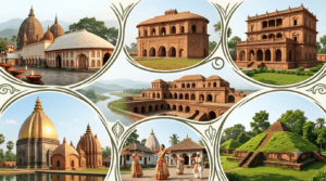 Architecture infographic of Assam featuring Kamakhya Temple, Rang Ghar, Talatal Ghar, Majuli Satras, and Charaideo Maidams.