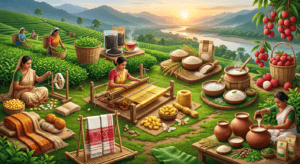 GI tagged products infographic of Assam featuring Assam Tea, Muga Silk, Gamosa, Joha Rice, and Tezpur Litchi.