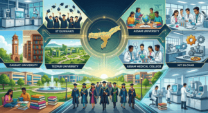 Education infographic of Assam featuring IIT Guwahati, Gauhati University, Tezpur University, Assam University, and NIT Silchar.