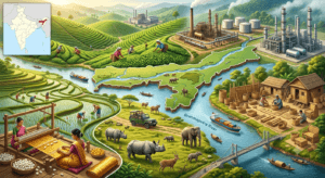 Economy infographic of Assam featuring tea gardens, oil refinery, agriculture, silk weaving, tourism, and industries.