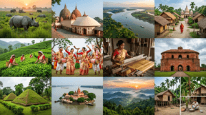 Photo gallery collage of Assam featuring Kaziranga, Kamakhya Temple, Majuli, tea gardens, Rang Ghar, and Bihu culture.