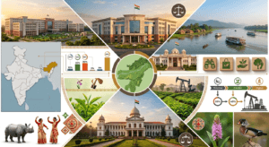 Government infographic of Assam featuring the Legislative Assembly, Gauhati High Court, and Dispur Secretariat.
