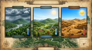 Seasonal climate of Jharkhand showing summer, monsoon and winter landscapes.