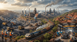Coal mines, steel plants and mineral resources representing Jharkhand's economy.