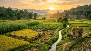 Paddy fields and agricultural landscape of Jharkhand with local farmers.