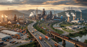 Steel plants, highways and industrial infrastructure in Jharkhand.