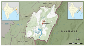High-resolution map showing the location of Manipur in Northeast India with neighbouring states and Myanmar border.