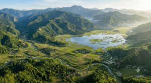 Ultra-realistic landscape showing the geography of Manipur with Imphal Valley, surrounding hills, forests, rivers, and Loktak Lake.
