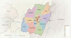 High-resolution political map of Manipur showing all 16 districts and the capital city Imphal.